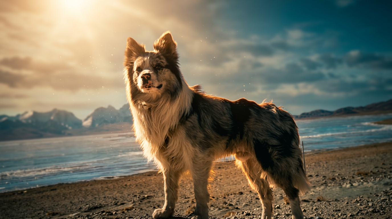 Cinematic portrait of 锄头, a blue merle Border Collie standing on the lakeshore